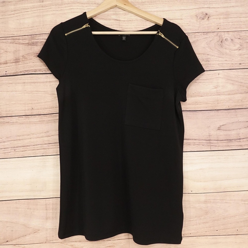 Express T-Shirt Womens M Black Scoop Neck Short Sleeve Zipper Pocket Top Stretch